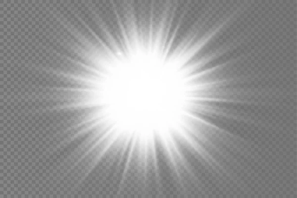 輝く星 輝く明るい星 透明な背景の白い輝く光のバースト 太陽光線 黄金の光の効果 光線で太陽のフレア ベクトル図 Eps — ストックベクタ