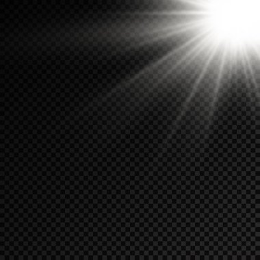 Parlak patlamalı güneş ışığı, ışık ve sihirli parıltı ışınlarıyla parlama etkisi, güneş ışınları, beyaz ışın etkisi, aydınlık ışığında bulanıklık, ön lens flaşı, vektör illüstrasyonu, 10.