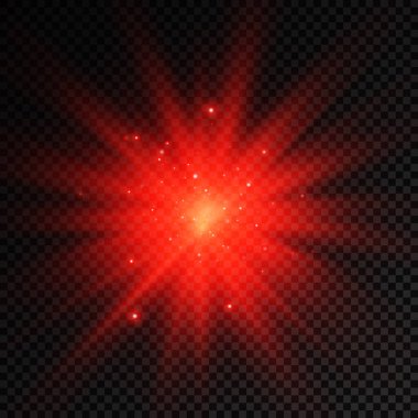 Parlak bir yıldız, parlak bir yıldız, şeffaf bir arkaplanda kırmızı bir ışık patlaması, güneş ışınları, ışık efekti, ışıltı ışınları, vektör illüstrasyonu, 10