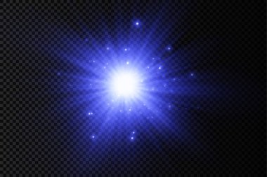 Parlak bir yıldız, parlak bir yıldız, şeffaf bir arkaplanda mavi bir ışık patlaması, güneş ışınları, ışık efekti, ışıltı ışınları, vektör illüstrasyonu, 10