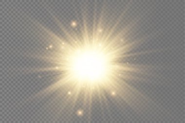 Parlak parlak bir yıldız, parlak bir yıldız, saydam bir arkaplanda sarı bir ışık patlaması, sarı güneş ışınları, altın ışık efekti, ışıltılı güneş ışığı, vektör illüstrasyonu, 10