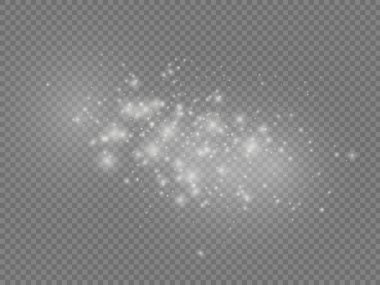 Beyaz toz kıvılcımları ve yıldız özel ışık ile parlar, Noel parıltısı ışık efekti, şeffaf arkaplanda izole edilmiş sihirli toz parçacıkları, parlak ışıklar, ışıltı, vektör çizimi.