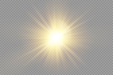 Parlak bir yıldız, parlak bir yıldız, şeffaf bir arkaplanda parlayan bir ışık, sarı güneş ışınları, altın ışık efekti, ışıldayan ışınlar, bokeh etkisi, vektör illüstrasyonu