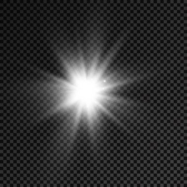 Şeffaf bir arkaplanda parlayan beyaz ışık patlaması, parlak yıldızlar, parlak yıldız patlaması, beyaz güneş ışınları, ışık efekti, ışıltılı güneş ışığı, vektör illüstrasyonu, 10