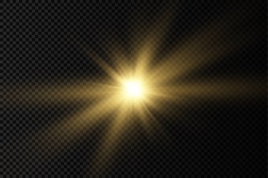 Parlak parlak bir yıldız, parlak bir yıldız, saydam bir arkaplanda sarı bir ışık patlaması, sarı güneş ışınları, altın ışık efekti, ışıltılı güneş ışığı, vektör illüstrasyonu, 10