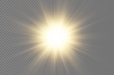 Parlak parlak bir yıldız, parlak bir yıldız, saydam bir arkaplanda sarı bir ışık patlaması, sarı güneş ışınları, altın ışık efekti, ışıltılı güneş ışığı, vektör illüstrasyonu, 10
