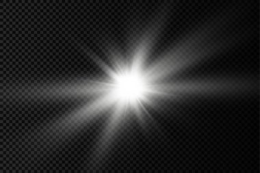 Şeffaf bir arkaplanda parlayan beyaz ışık patlaması, parlak yıldızlar, parlak yıldız patlaması, beyaz güneş ışınları, ışık efekti, ışıltılı güneş ışığı, vektör illüstrasyonu, 10