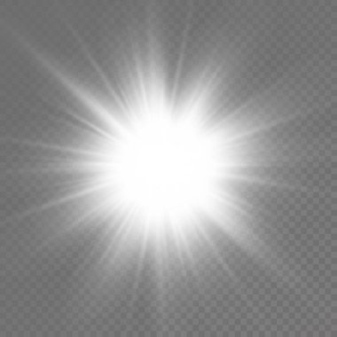 Parlak bir yıldız, parlak bir yıldız, şeffaf bir arkaplanda parlayan beyaz bir ışık patlaması, güneş ışınları, altın ışık efekti, ışıltılı ışıltı, vektör illüstrasyonu, 10