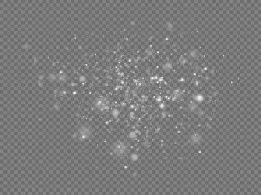 Beyaz toz kıvılcımları ve yıldız özel ışık ile parlar, Noel parıltısı ışık efekti, şeffaf arkaplanda izole edilmiş sihirli toz parçacıkları, parlak ışıklar, ışıltı, vektör çizimi.