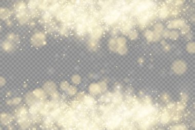 Işıldayan altın sihirli toz tanecikleri şeffaf arkaplanda, Noel ışıltısı ışık efekti, parıltı, parlak ışıklar, sarı toz kıvılcımları ve yıldız parlaklığı özel ışık, vektör çizimi.