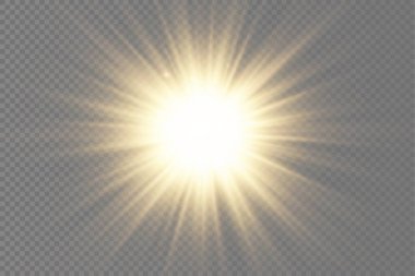 Parlak parlak bir yıldız, parlak bir yıldız, saydam bir arkaplanda sarı bir ışık patlaması, sarı güneş ışınları, altın ışık efekti, ışıltılı güneş ışığı, vektör illüstrasyonu, 10