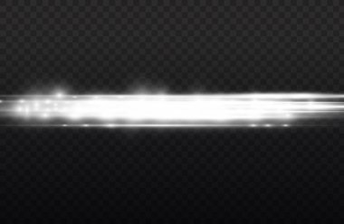 Yatay ışık ışınları, flaş beyaz ışık parlamaları, lazer ışınları, şeffaf arkaplanda parlak beyaz çizgi, güzel ışık parlamaları, parlak parlaklıklar, vektör illüstrasyonu,.