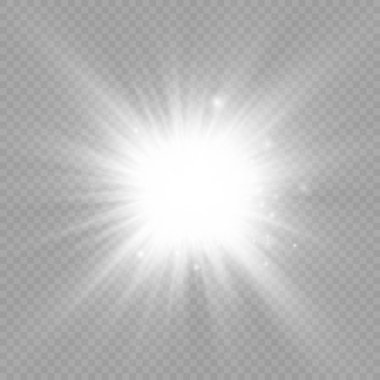 Parlak bir yıldız, parlak bir yıldız, şeffaf bir arkaplanda parlayan beyaz bir ışık patlaması, güneş ışınları, ışık efekti, ışıldayan ışınlar, vektör illüstrasyonu, 10