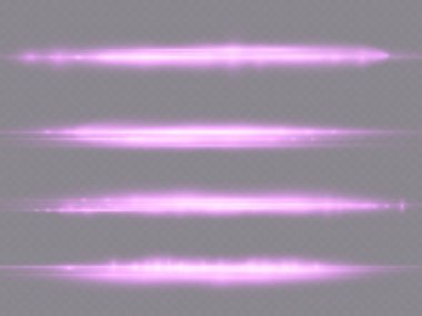 Yatay ışık ışınları, parlak mor yatay lensler, lazer ışınları, şeffaf arkaplanda parlak menekşe çizgileri, güzel ışık parlamaları, parlak parlaklıklar, vektör illüstrasyonu, 10 birim..