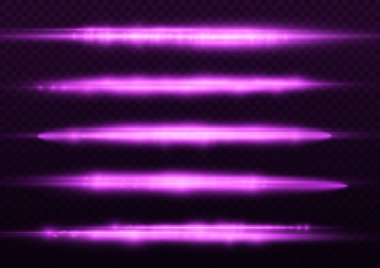 Yatay ışık ışınları, parlak mor yatay lensler, lazer ışınları, şeffaf arkaplanda parlak menekşe çizgileri, güzel ışık parlamaları, parlak parlaklıklar, vektör illüstrasyonu, 10 birim..