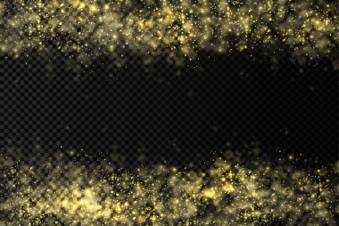 Işıldayan altın sihirli toz tanecikleri şeffaf arkaplanda, Noel ışıltısı ışık efekti, parıltı, parlak ışıklar, sarı toz kıvılcımları ve yıldız parlaklığı özel ışık, vektör çizimi.