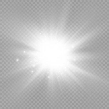 Parlak bir yıldız, parlak bir yıldız, şeffaf bir arkaplanda parlayan beyaz bir ışık patlaması, güneş ışınları, ışık efekti, ışıldayan ışınlar, vektör illüstrasyonu, 10
