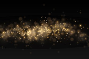 Işıldayan altın sihirli toz tanecikleri siyah arkaplanda, Noel ışıltısı ışık efekti, parıltı, ışık, sarı toz kıvılcımı ve yıldız parlaklığı özel ışık, vektör çizimi.