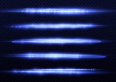 Yatay ışık ışınları, flaş mavi ışık parlamaları, hızlı lazer ışınları, şeffaf arkaplanda parlak mavi çizgi hareketi, güzel ışık parlamaları, parlak parlama, vektör illüstrasyonu, 10