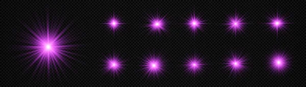 Set Purple Glowing Light Burst Transparent Background Glow Bright Stars — Stock Vector