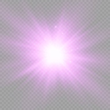 Şeffaf bir arkaplanda mor parlayan ışık patlaması, parlak yıldızlar, parlak bir yıldız patlaması, mor güneş ışınları, ışık efekti, ışıltılı güneş ışığı, vektör çizimi