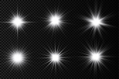Parlak bir yıldız, parlak bir yıldız, şeffaf bir arkaplanda parlayan beyaz bir ışık patlaması, güneş ışınları, ışık efekti, ışıldayan ışınlar, vektör illüstrasyonu, 10