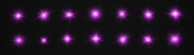 Şeffaf bir arkaplanda mor parlayan ışık patlaması, parlak yıldızlar, parlak bir yıldız patlaması, mor güneş ışınları, ışık efekti, ışıltılı güneş ışığı, vektör çizimi