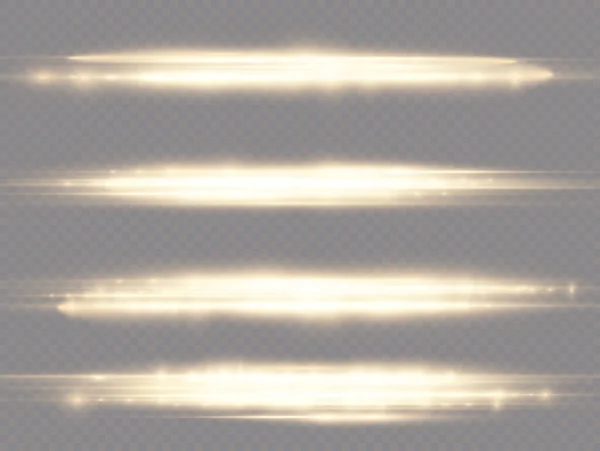 水平光線 フラッシュイエロー水平レンズフレアパック レーザービーム 透明背景のグローイエローライン 美しいライトフレア 明るいゴールドグレア ベクトルイラスト Eps — ストックベクタ