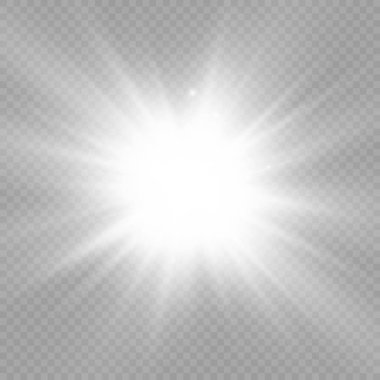 Parlak bir yıldız, parlak bir yıldız, şeffaf bir arkaplanda parlayan beyaz bir ışık patlaması, güneş ışınları, ışık efekti, ışıldayan ışınlar, vektör illüstrasyonu, 10