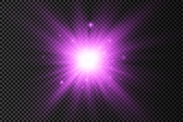 Şeffaf bir arkaplanda mor parlayan ışık patlaması, parlak yıldızlar, parlak bir yıldız patlaması, mor güneş ışınları, ışık efekti, ışıltılı güneş ışığı, vektör çizimi