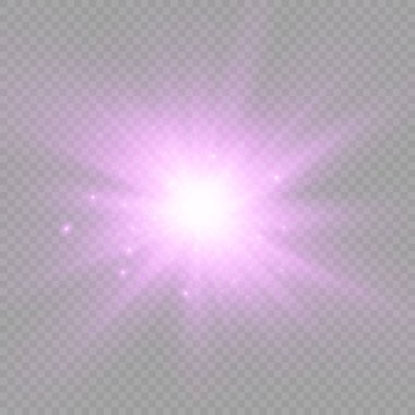 Şeffaf bir arkaplanda mor parlayan ışık patlaması, parlak yıldızlar, parlak bir yıldız patlaması, mor güneş ışınları, ışık efekti, ışıltılı güneş ışığı, vektör çizimi