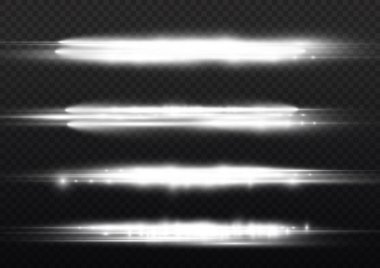 Yatay ışık ışınları, flaş beyaz ışık parlamaları, lazer ışınları, şeffaf arkaplanda parlak beyaz çizgi, güzel ışık parlamaları, parlak parlaklıklar, vektör illüstrasyonu,.