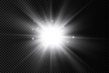 Parlak bir yıldız, parlak bir yıldız, şeffaf bir arkaplanda parlayan beyaz bir ışık patlaması, güneş ışınları, ışık efekti, ışıldayan ışınlar, vektör illüstrasyonu, 10