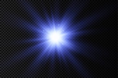 Parlak bir yıldız, parlak bir yıldız, şeffaf arkaplanda mavi bir ışık patlaması, güneş ışınları, mavi ışık efekti, ışıl ışıl güneş ışığı, vektör ilülasyonu, 10