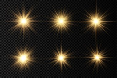 Parlak parlak bir yıldız, parlak bir yıldız, saydam bir arkaplanda sarı bir ışık patlaması, sarı güneş ışınları, altın ışık efekti, ışıltılı güneş ışığı, vektör illüstrasyonu, 10