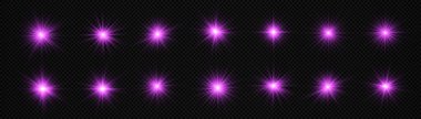 Şeffaf bir arkaplanda mor parlayan ışık patlaması, parlak yıldızlar, parlak bir yıldız patlaması, mor güneş ışınları, ışık efekti, ışıltılı güneş ışığı, vektör çizimi