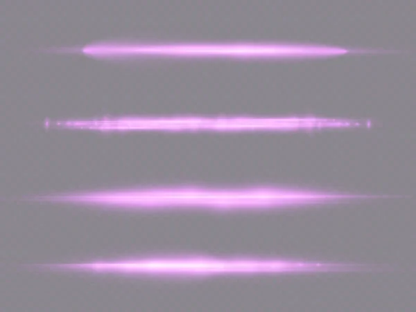Horizontale Lichtstrahlen Blitz Lila Horizontale Linsenfackeln Packung Laserstrahlen Glühen Violette — Stockvektor