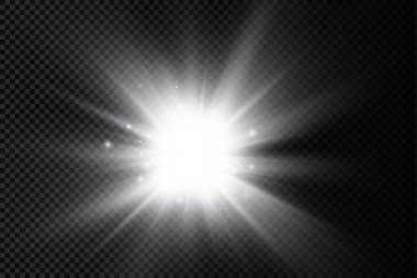 The star burst with brilliance, glow bright star, white glowing light burst on a transparent background, sun rays, light effect, flare of sunshine with rays, vector illustration, eps 10