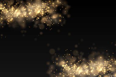 Işıldayan altın sihirli toz tanecikleri siyah arkaplanda, Noel ışıltısı ışık efekti, parıltı, ışık, sarı toz kıvılcımı ve yıldız parlaklığı özel ışık, vektör çizimi.
