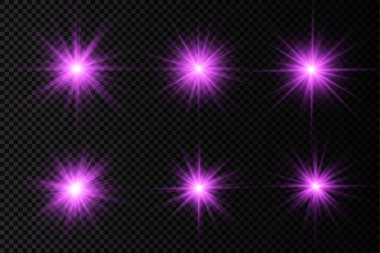 Şeffaf bir arkaplanda mor parlayan ışık patlaması, parlak yıldızlar, parlak bir yıldız patlaması, mor güneş ışınları, ışık efekti, ışıltılı güneş ışığı, vektör çizimi