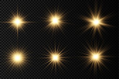 Parlak parlak bir yıldız, parlak bir yıldız, saydam bir arkaplanda sarı bir ışık patlaması, sarı güneş ışınları, altın ışık efekti, ışıltılı güneş ışığı, vektör illüstrasyonu, 10