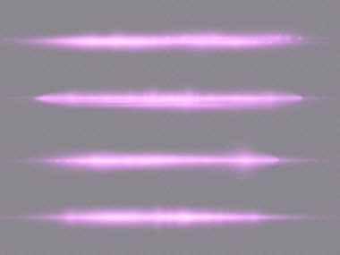 Yatay ışık ışınları, parlak mor yatay lensler, lazer ışınları, şeffaf arkaplanda parlak menekşe çizgileri, güzel ışık parlamaları, parlak parlaklıklar, vektör illüstrasyonu, 10 birim..