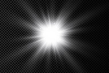 Parlak bir yıldız, parlak bir yıldız, şeffaf bir arkaplanda parlayan beyaz bir ışık patlaması, güneş ışınları, ışık efekti, ışıldayan ışınlar, vektör illüstrasyonu, 10
