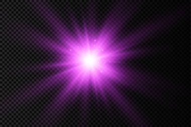 Şeffaf bir arkaplanda mor parlayan ışık patlaması, parlak yıldızlar, parlak bir yıldız patlaması, mor güneş ışınları, ışık efekti, ışıltılı güneş ışığı, vektör çizimi