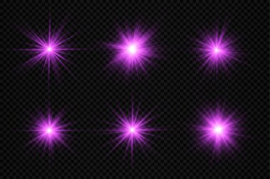 Şeffaf bir arkaplanda mor parlayan ışık patlaması, parlak yıldızlar, parlak bir yıldız patlaması, mor güneş ışınları, ışık efekti, ışıltılı güneş ışığı, vektör çizimi