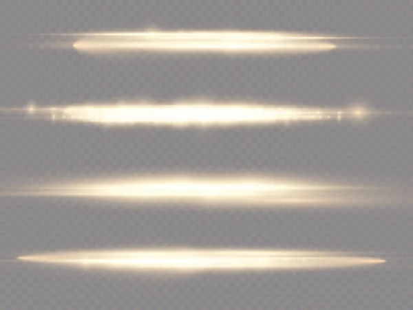 Horizontale Lichtstralen Flitsgele Horizontale Lens Flares Pack Laserstralen Gloeigele Lijn — Stockvector