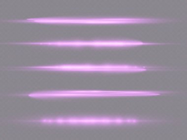 Yatay ışık ışınları, parlak mor yatay lensler, lazer ışınları, şeffaf arkaplanda parlak menekşe çizgileri, güzel ışık parlamaları, parlak parlaklıklar, vektör illüstrasyonu, 10 birim..