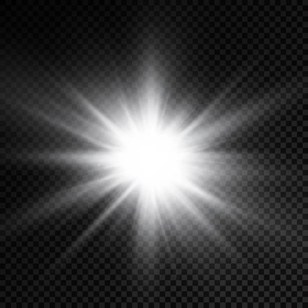 这颗恒星闪烁着灿烂的光芒 明亮的光芒 透明的背景上闪烁着白光 太阳光 光的效果 光芒的耀斑 矢量图解 — 图库矢量图片