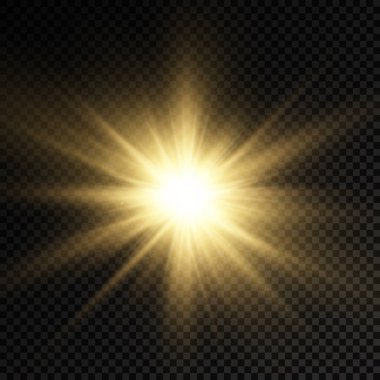 Parlak parlak bir yıldız, parlak bir yıldız, saydam bir arkaplanda sarı bir ışık patlaması, sarı güneş ışınları, altın ışık efekti, ışıltılı güneş ışığı, vektör illüstrasyonu, 10