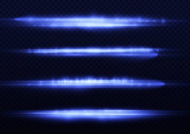 Yatay ışık ışınları, flaş mavi ışık parlamaları, hızlı lazer ışınları, şeffaf arkaplanda parlak mavi çizgi hareketi, güzel ışık parlamaları, parlak parlama, vektör illüstrasyonu, 10